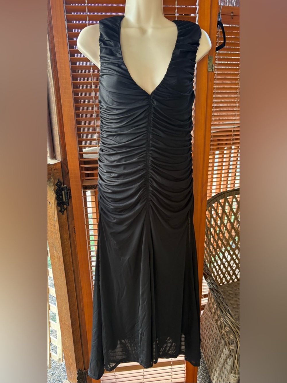 a new day Black Ruched V-Neck Backless Evening Dress
